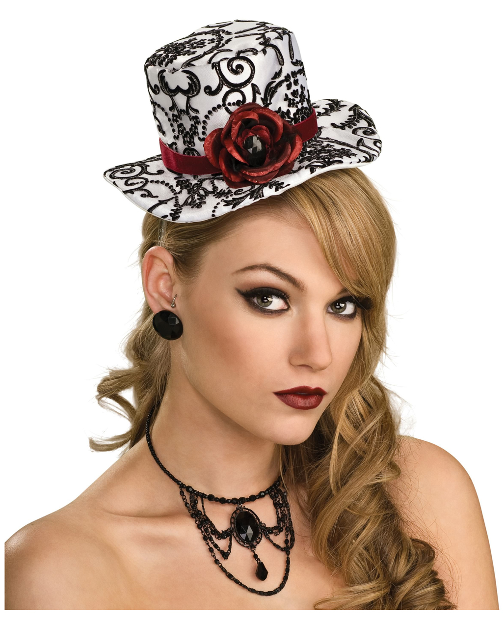 Mini Hut mit Rose weiß-schwarz ★ Gothic Zylinder