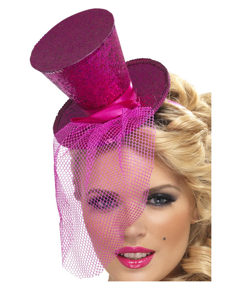 Mini Zylinder pink mit Netz   Mini Hut mit rosa Glitzer