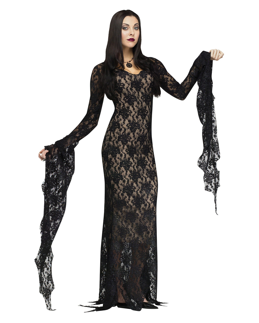 Morticia Deluxe Kostüm mit Spitze Halloween Abendkleid M