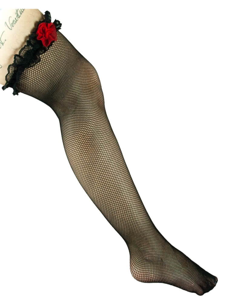 Netzstrümpfe schwarz mit Band und Rose   halterlose Kniestrümpfe