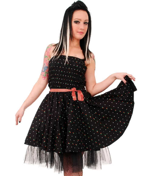 Mini Petticoat Kleid mit Kirschen -Rockabilly Kleid-gerafftes Kleid- L / 40