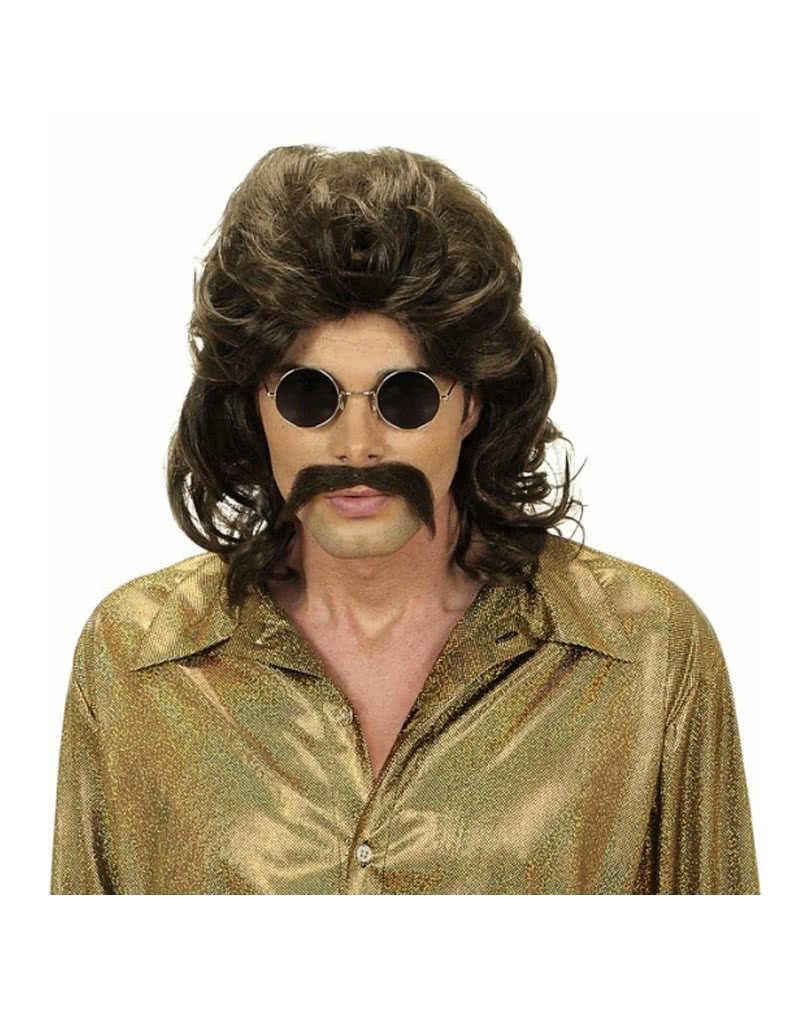 Proll Perücke Wolle braun   70er Jahre Perücke mit Schnurrbart