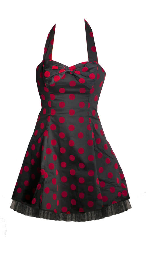 Polka Dot Petticoat schwarz-rot rotes Neckholderkleid Rockabilly Style 50er Jahre L / 38