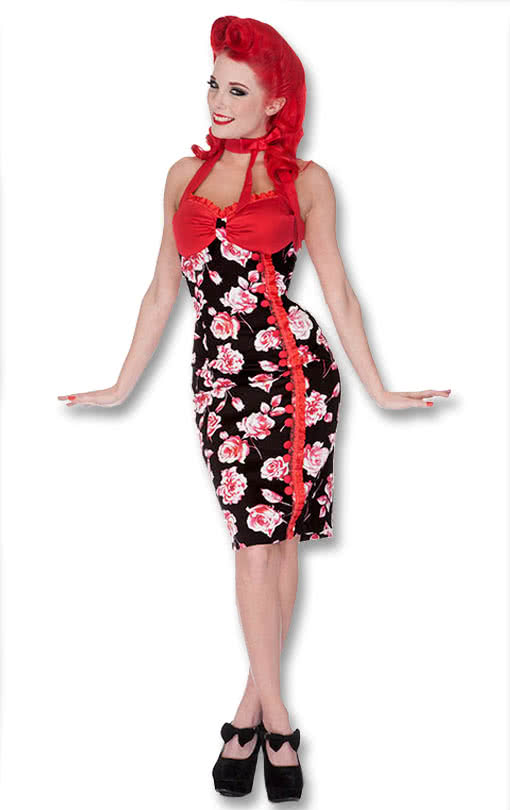 Rosen Kleid schwarz-rot -Pin-up Kleid-Blumenkleid XL / 42