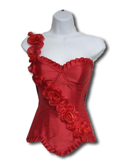 Satinkorsett mit Rosen Vollbrustkorsett mit Rosen Schulterträger rot heißes Vollbrustkorsett rot S / 34
