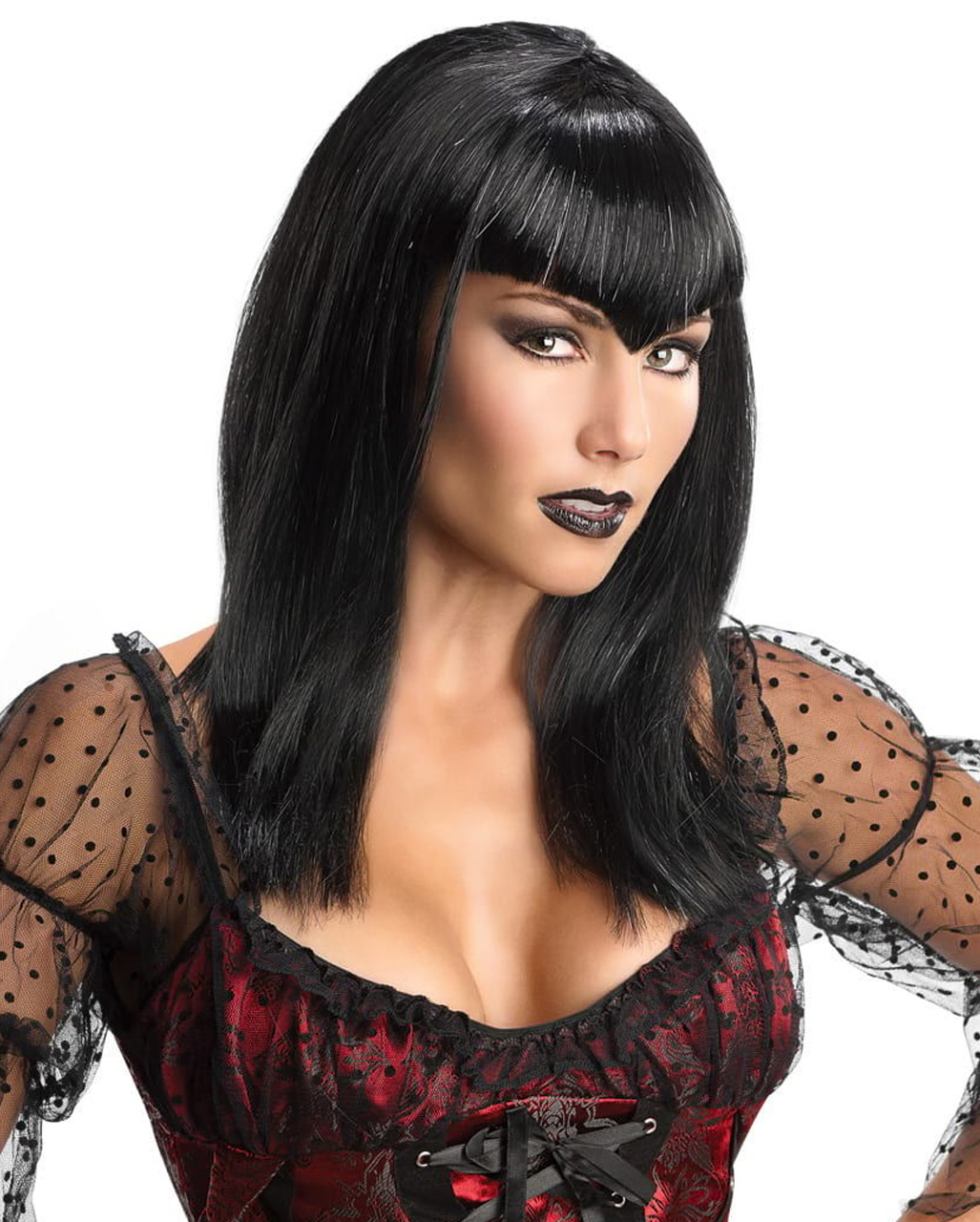 Vampir Glitter Perücke schwarz Blutsauger Look Vampir Equipment