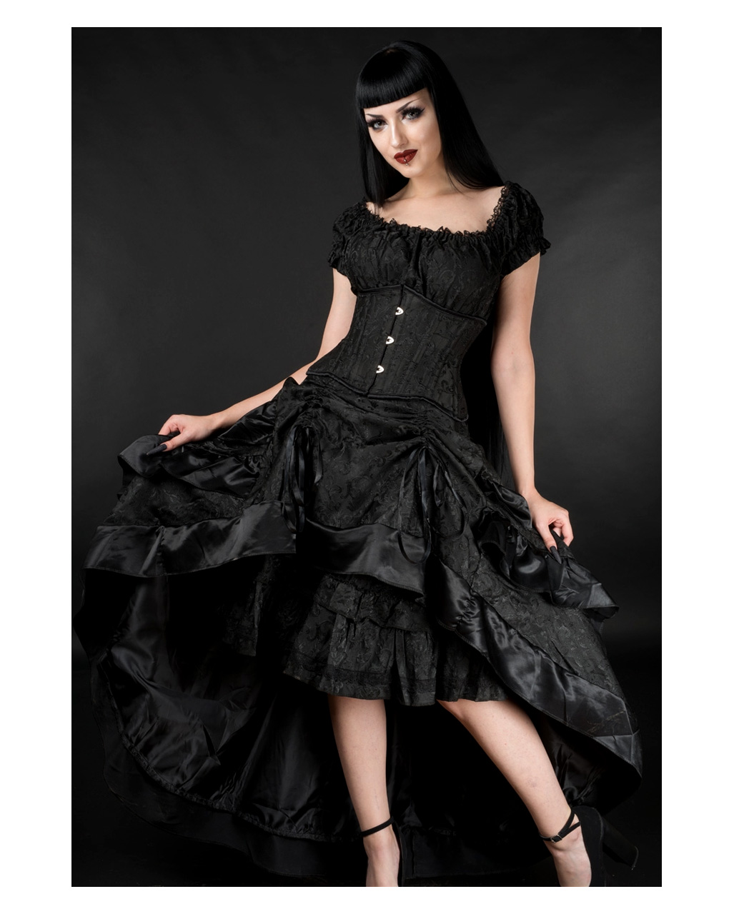 Schwarzer Brokat Rock mit Raffung ◆ Gothic Mode S