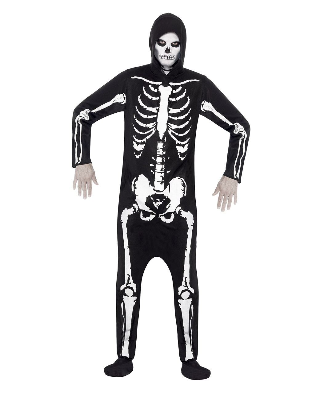 Skeleton Kostüm mit Kapuze  Schwarzer Jumpsuit mit Skelett Motiv S