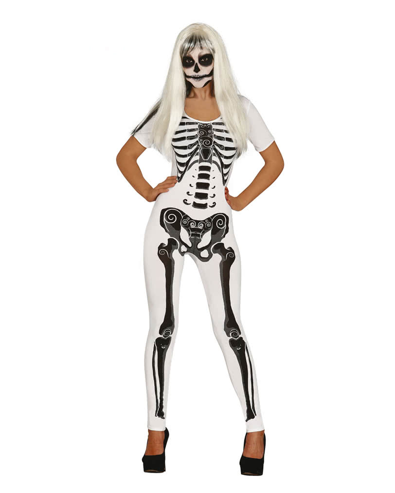 Skeleton Girl Damenkostüm Weiss   Weißer Jumpsuit mit Aufdruck für Damen One Size