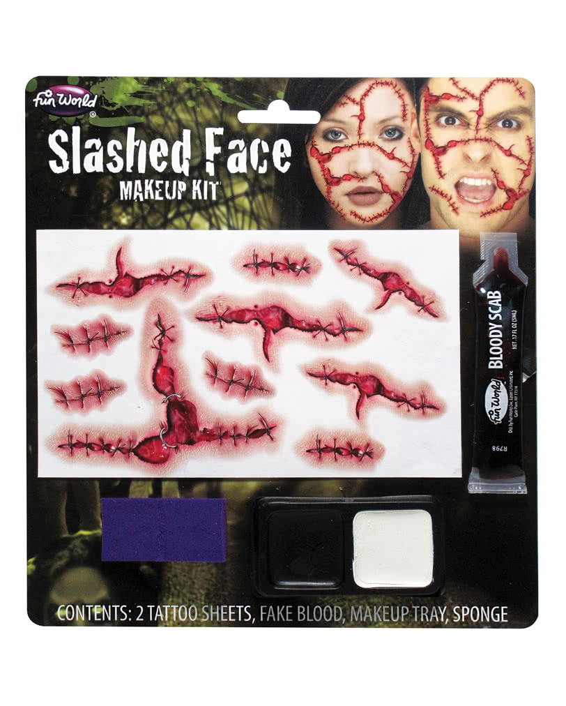 Slashed Face Make-up Set mit Tattoos   Komplettes Horror Make-up!
