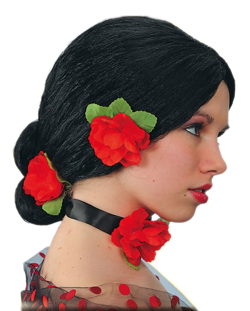 Spanierin Perücke mit Rosen für Fasching