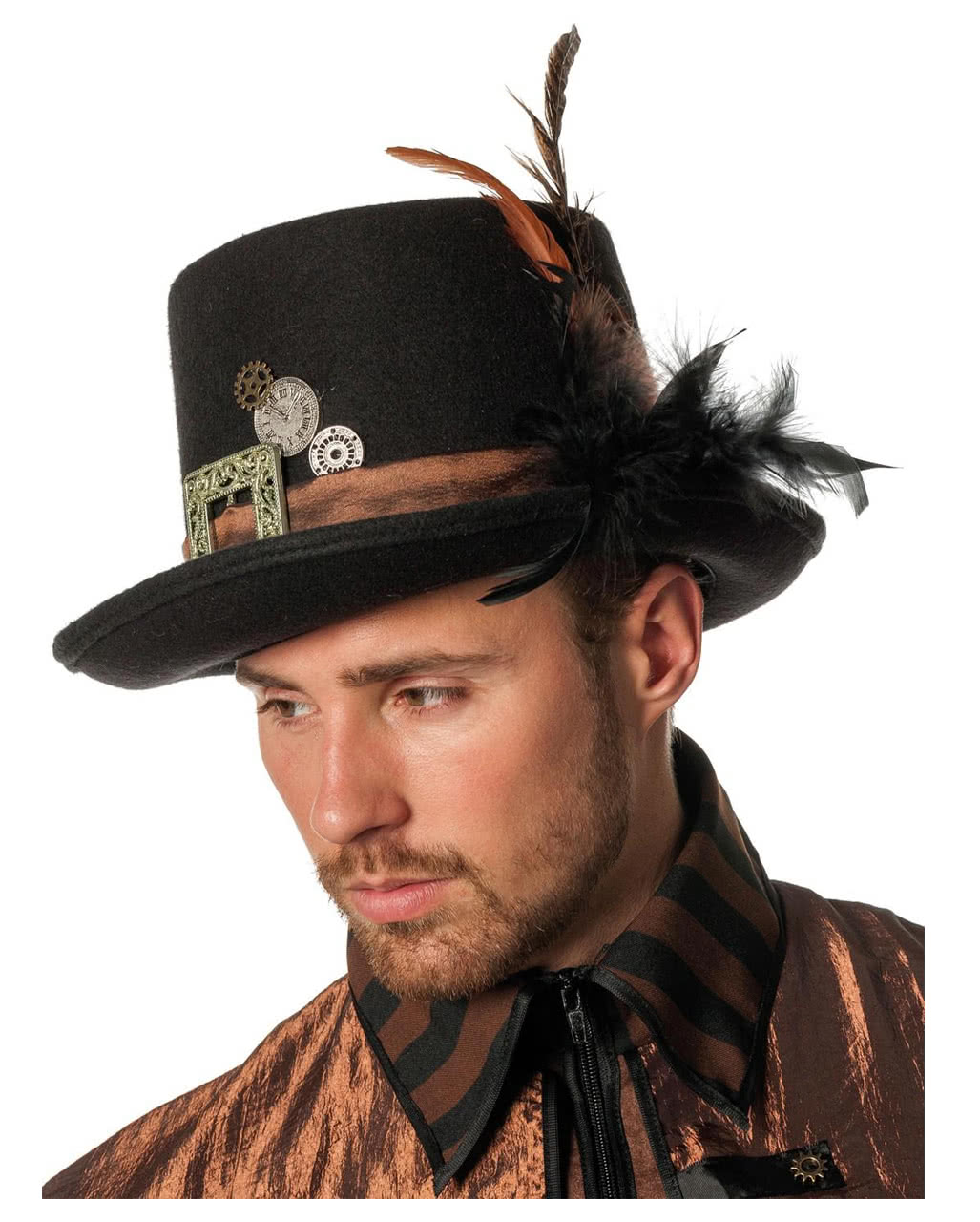 Steampunk Zylinder mit Feder schwarz bestellen