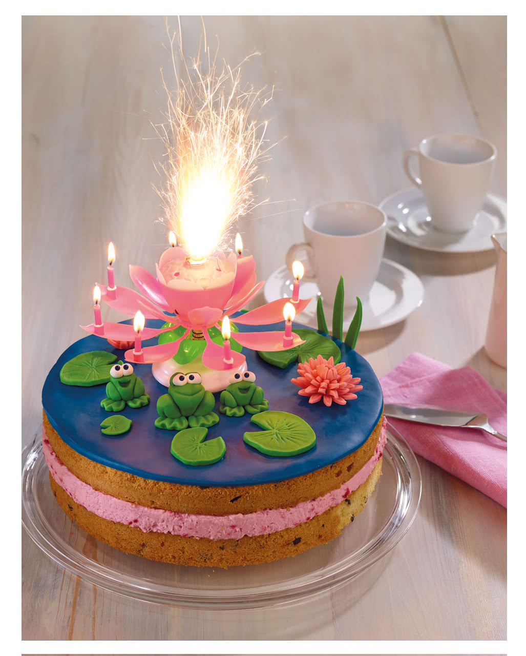 Torten-Fontäne pink mit Musik für Geburtstage