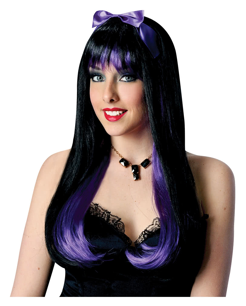 Vampir Damenperücke mit Schleife Schwarz/Lila elegante