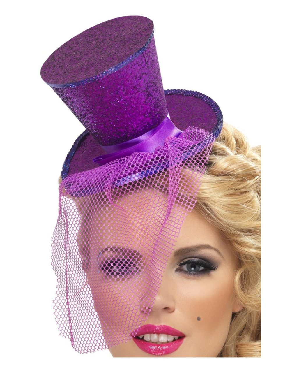 Mini Zylinder violett mit Netz   Glitzer Zylinder als Kostümzubehör