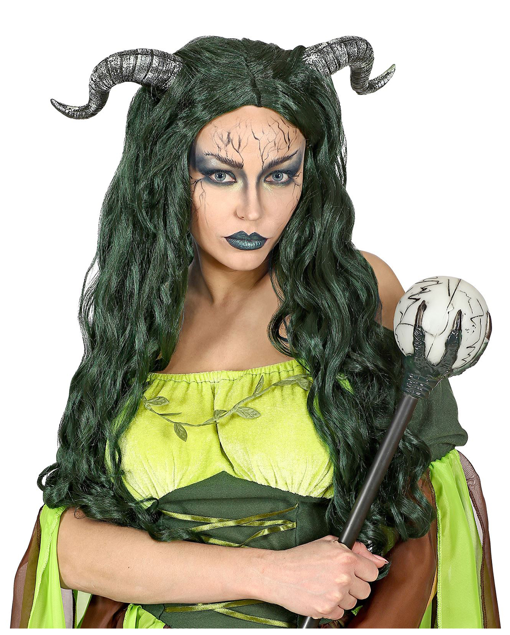 Waldhexen Perücke mit Hörnern als Kostümaccessoire