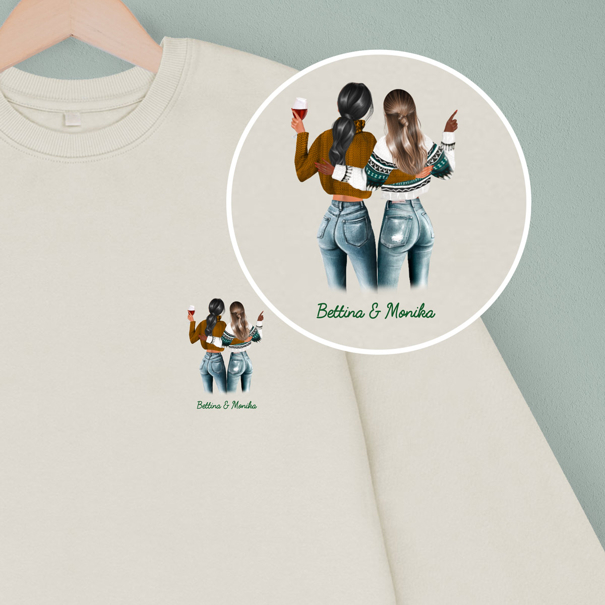 Personalisierbare Pullover-Illustration zwei Freundinnen, Valentinstag Geschenk, Geschenke Frauen, Geschenke Freundin, Geschenk Schwester, Witzige Geschenke, Kleine Geschenke, Geschenk, Geschenkidee