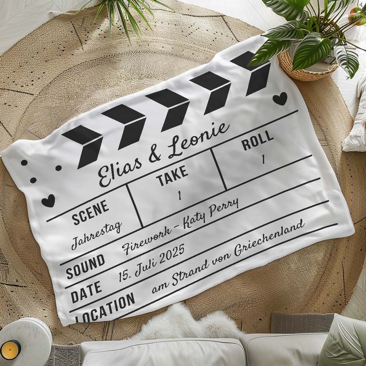 Personalisierbare Decke als Filmklappe, Valentinstag Geschenk, Geschenke Frauen, Geschenke Freundin, Geschenk Schwester, Romantische Geschenke, Hochzeitsgeschenk, Kleine Geschenke, Geschenk, Geschenkidee