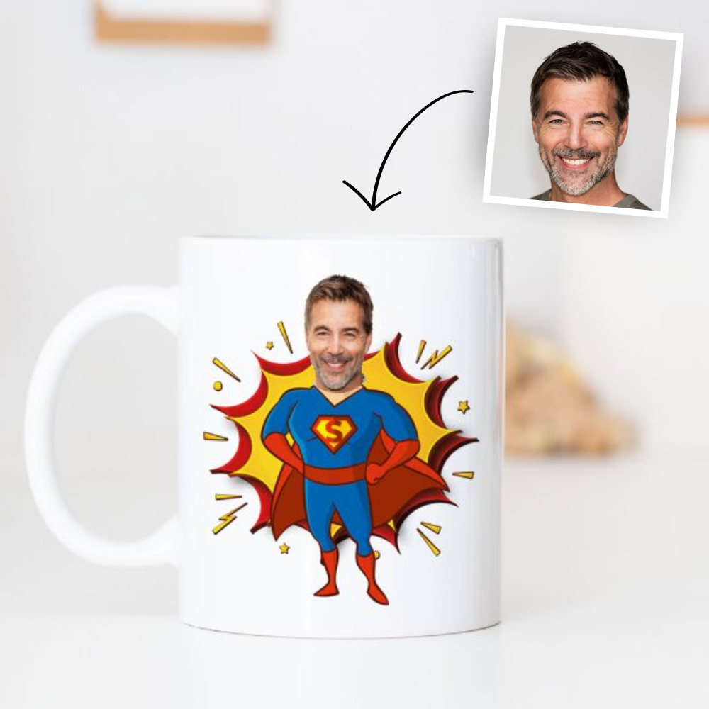 Personalisierbare Superhelden Tasse mit Gesicht, Fotogeschenk, Geschenke für Frauen, Geschenke für Freundin, Geschenk für Schwester, Geschenk für Mama, Geschenk für Papa, Kleine Geschenke, Geschenk, Geschenkidee