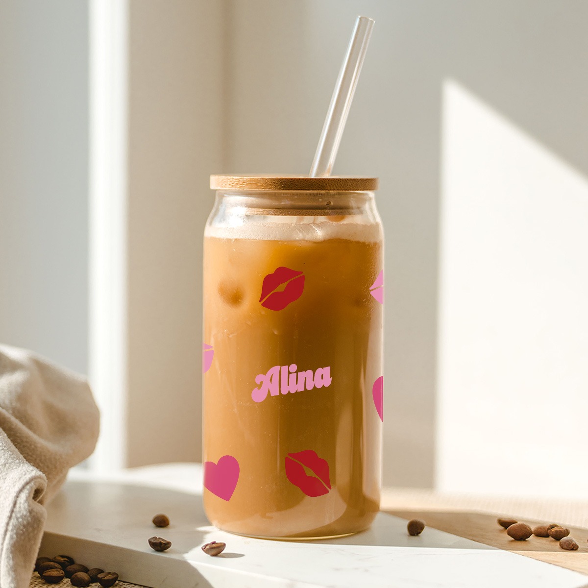 Personalisierbares Trinkglas mit Muster und Name, Valentinstag Geschenk, Romantische Geschenke, Hochzeitsgeschenk, Kleine Geschenke, Geschenk, Geschenkidee