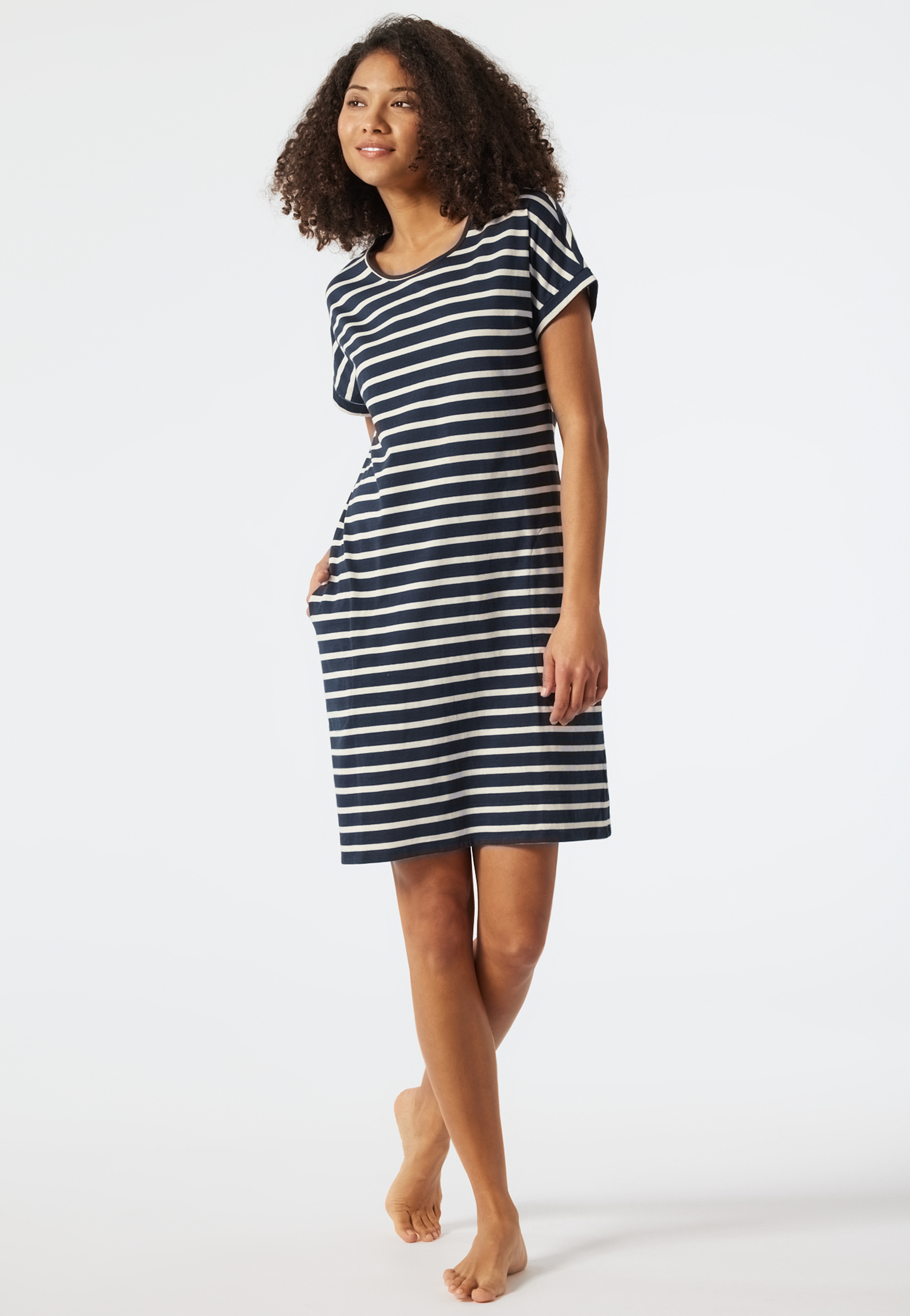 Sleepshirt kurzarm Taschen umgeschlagene Ärmel Bretonstreifen dunkelblau - Essential Stripes 40